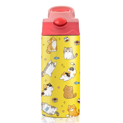 Cat Insulated Water Bottle with Straw - Leakproof, BPA-Free, Vacuum Insulated, 12 oz Stainless Steel Cups for Sports, Travel - color: Cat, size: 12 Ounces