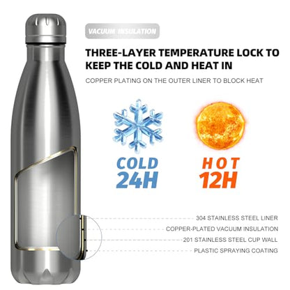WATERSY Stainless Steel water bottles,17oz/500ml Insulated Water Bottles,Sliver metal water bottle Keeps Drink Cold and Hot,BPA Free kids water bottles for School,Gym,Travel,Sports - color: Metal
