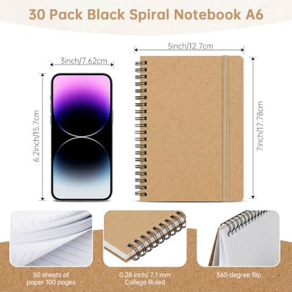 Watersay 30 Pcs Small Spiral Notebooks A6 with Straps, Multicolor 5" x 7" Pocket Notebooks Mini Lined Journals 50 Sheets for Back to School Supplies Students Rewards Office Gifts(Natural Wood) - color: Natural Wood