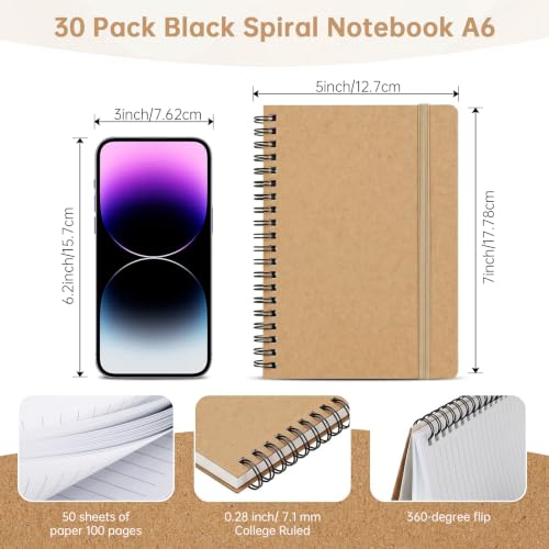 Watersay 30 Pcs Small Spiral Notebooks A6 with Straps, Multicolor 5" x 7" Pocket Notebooks Mini Lined Journals 50 Sheets for Back to School Supplies Students Rewards Office Gifts(Natural Wood) - color: Natural Wood