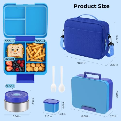 Kids Bento Lunch Box Set with 8.5oz Soup Cup Leak-Proof Container & Insulated Bag for Kids Girls Toddlers, School Travel - Navy Blue - color: Navy Blue