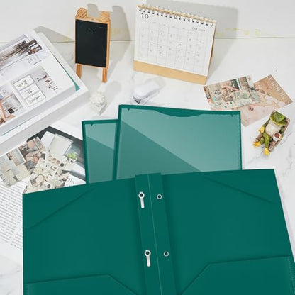 Henoyso 48 Pcs Plastic Folder with Clear Front Pocket and 3 Prongs Heavy Duty Plastic Folders with Card Slot Pocket Folders with Prongs for School Office Home(Dark Green) - color: Dark Green