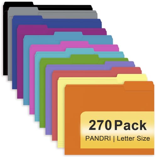 File Folder, PANDRI 270 Pack Colored File Folder, 1/3 Cut Tab, Letter Size, Assorted 12 Colors Filing Folder for Office School Business - color: Assorted 12 Colors