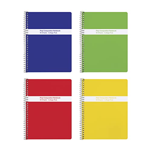 Oxford Spiral Composition Notebooks, 4 Pack, Poly Covers, College Ruled Paper, 9-3/4 x 7-1/2 Inches, 80 Sheets, Assorted Primary Color Covers (64949) - style: College Ruled