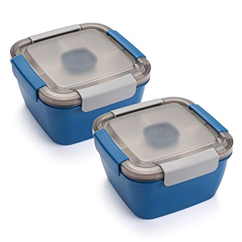 Freshmage Salad Lunch Containers To Go, 52 oz Bowls with 3 Compartments, Dressings Container for Toppings, Men, Women (Blue+Blue) - color: Blue+Blue