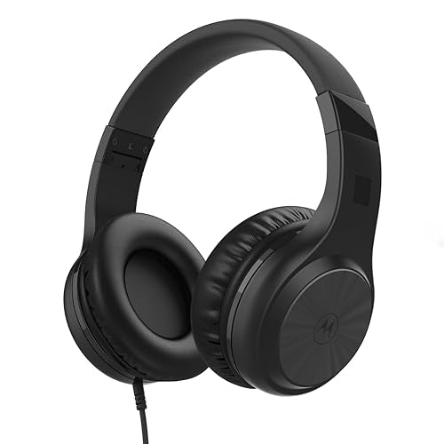 Motorola Sound Moto XT120 Over Ear Headphones Wired with Microphone, in-Line Command Control for Calls - Foldable Wired Headphones with Adjustable Cushioned Headband, Dynamic Bass, 3.5mm Jack - Black - color: Black