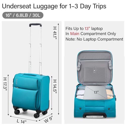 Hanke 16 Inch Underseat Carry On Luggage with Spinner Wheels for Airline, Small Softside TSA Approved Luggage Lightweight Rolling Suitcases Under Seat Travel Carry-On Bag(Caribbean Blue) - color: Caribbean Blue, size: 16 Inch Underseat