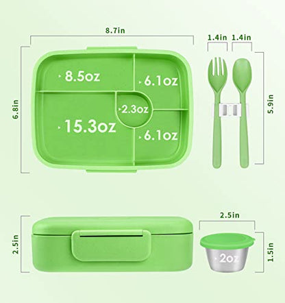 Bento Lunch Box with Kids/Adults, 5 Compartments Leakproof Lunch Container with Dressing Cup, Eco-Friendly Double Insulated Boxes, Dishwasher and Microwave Safe, BPA-Free (green) - color: Green