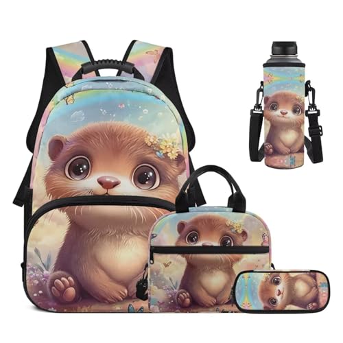 6-11 Kids 4 In 1 Bookbag Set - Cute Baby Otter 17 Inch Backpack with Lunch Bag Pencil Case Water Bottle Holder, Back to School Supplies for Elementary Students - color: Cute Baby Otter