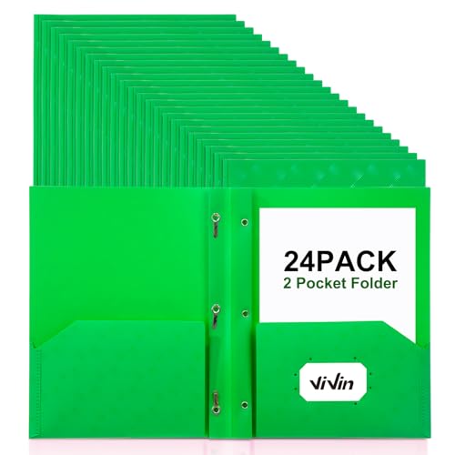 ViVin Plastic Folders with Pockets and Prongs,24 Pack,Heavy Duty 2-Pocket File Folder with 3 Fasteners,Fits Letter Size Paper,for School Home and Office(Bight Green) - color: Bight Green, size: 24 PACK