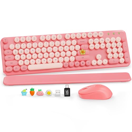 Wireless Keyboard and Mouse Combo, Cute Full-Size Retro Typewriter Keyboard with Round Keycaps, Magnetic Wrist Rest, Tilt Legs, 2.4GHz Cordless for Mac, Windows PC, Laptop, SABLUTE CK23, Baby Pink - color: Baby Pink