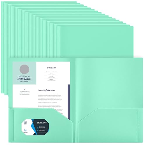 Gueevin 100 Pack Plastic Folder with Pockets, 2 Pocket Folders, Plastic Glossy Folders Fit Letter Size Paper, Heavy Duty Durable File Folder with Business Card for Home Office School (Light Green) - color: Light Green