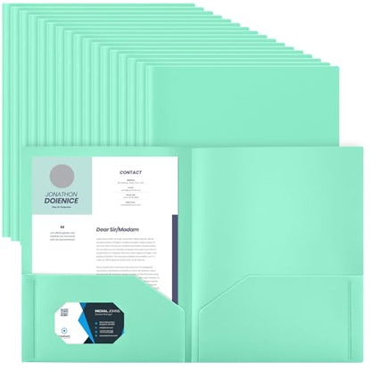 Gueevin 100 Pack Plastic Folder with Pockets, 2 Pocket Folders, Plastic Glossy Folders Fit Letter Size Paper, Heavy Duty Durable File Folder with Business Card for Home Office School (Light Green) - color: Light Green