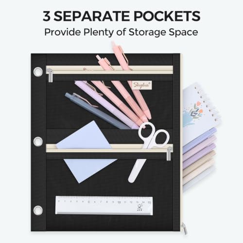 SKYDUE Pencil Pouch for 3 Ring Binder, 3 Compartment Zipper Pencil Case, Large Capacity Pen Organizer with Clear PVC Window for School Supplies, Students, Kids & Teachers - color: Black