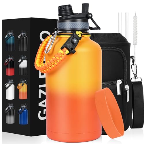 GAZLEMHO Insulated Water Bottle 64 oz, Half Gallon Water Jug Cold 48H, BPA Free Stainless Steel Bottles with Straw/Chug 2-in-1 Lid, Bag, Paracord Handle, Silicone Boot, Sports Gym School Metal Flask - color: Ombre Orange, size: 64 Ounces