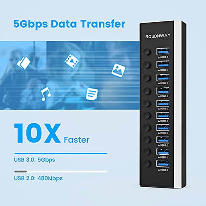 Powered USB Hub, Rosonway Aluminum 10 Port USB 3.0 Data Hub with 36W (12V/3A) Power Adapter and Individual On/Off Switches USB Splitter(RSH-A10) - size: 10-Port Powered USB Hub
