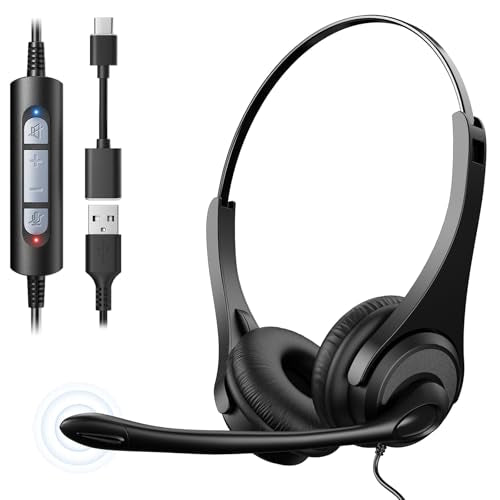 Voistek USB Stereo Headset with Noise Cancelling Microphone for PC & Laptop, Wired Office Headphones with USB-A/C, in-Line Mute & Volume Control for Teams, Zoom, Remote Work, Online Class,VoIP - style: Dual Ear