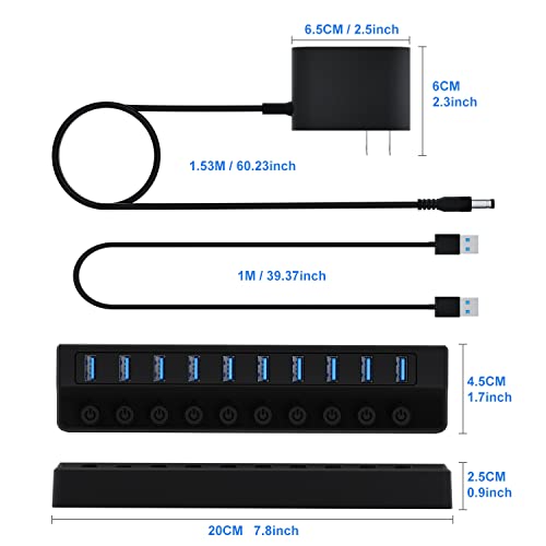 ONFINIO Powered USB Hub 3.0, 10-Port USB Splitter Hub | Individual On/Off Switches and 12V/2A Power Adapter USB Extension - style: 10 PORT 3.0