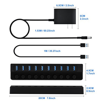 ONFINIO Powered USB Hub 3.0, 10-Port USB Splitter Hub | Individual On/Off Switches and 12V/2A Power Adapter USB Extension - style: 10 PORT 3.0