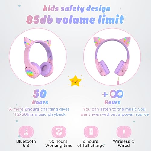 Riwbox CF9 Cat Ear Kids Bluetooth Headphones with LED Light Up,Safe 85dB Volume Limit,Built-in Mic&Boom Mic for Calls,Kids Wireless&Wired Headphones for Tablet/Airplane/School/Online Learning (Purple) - color: Purple