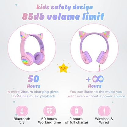 Riwbox CF9 Cat Ear Kids Bluetooth Headphones with LED Light Up,Safe 85dB Volume Limit,Built-in Mic&Boom Mic for Calls,Kids Wireless&Wired Headphones for Tablet/Airplane/School/Online Learning (Purple) - color: Purple