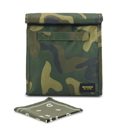 2nd Childhood Insulated Lunch Bag for Men, Durable & Reusable, Camo | Slim lunch bag with carry handle, two mesh side pockets and a back slip pocket; insulated liner keeps food cool - color: Camo