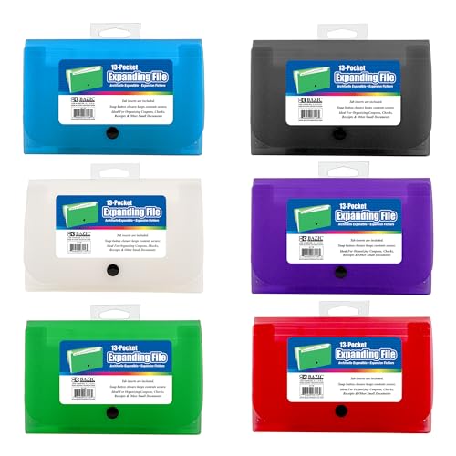 BAZIC 5-Pockets Coupon/Personal Check Size Expanding File | Assorted 13-pocket poly accordion file; safe PP; sorts bills and records - color: Blue/Pink, size: 1-Pack