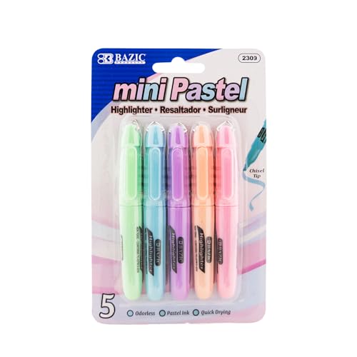 BAZIC PRODUCTS Mini Pastel Highlighters, Chisel Tip, 5 Count, 24-Box | Quick-dry, assorted pastel mini highlighters, compact, cap clip, non-toxic ink, ASTM D-4236, odorless - color: Pastel, size: 1 Count (Pack of 24)