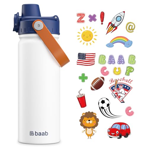 baab 18oz Kids Water Bottle, Insulated Kids Water Bottle with Lockable Spout Lid & Stickers, 18/8 Stainless Steel Vacuum Leakproof Kid Water Cup with Handle for Boy Girl & School (White, 1 Pack) - color: White, size: 18 Ounces