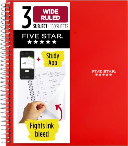 Five Star Spiral Notebook + Study App, 3 Subject, Wide Ruled Paper, 10-1/2" x 8", 150 Sheets, Red (72029), (Pack of 6) - color: Red, size: 8" x 10-1/2" (Pack of 6)