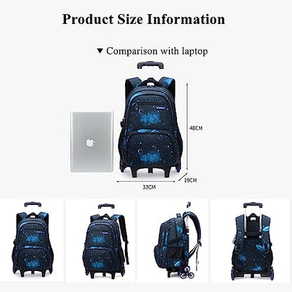 Mildame Geometric Print Rolling Backpack for School Boys Girls with Lunch Bag Teens Bookbag with Wheels Kids Trolley Bag Set, Six Wheels - color: Blue Geometric Set-6 Wheels