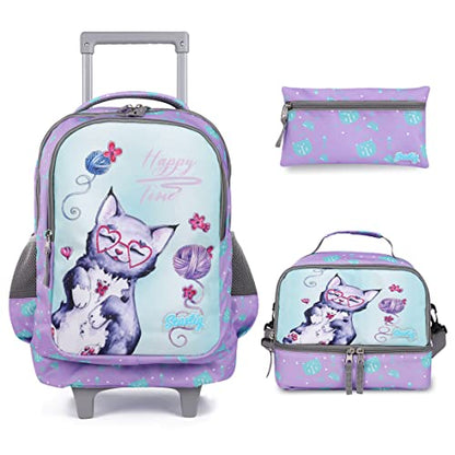 seastig Rolling Backpack 18in Double Handle Backpack Kids Wheeled Backpack Roller Backpack with Lunch Bag Set Girls Boys - color: Blue Cat