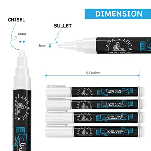 Liquid Chalk Marker Pen - White Dry Erase Marker - Chalkboard Signs, Windows, Blackboard, Glass (6 Pack) 3-6mm Reversible Tip, 3-3mm Fine Tip - size: 6 Count (Pack of 1)