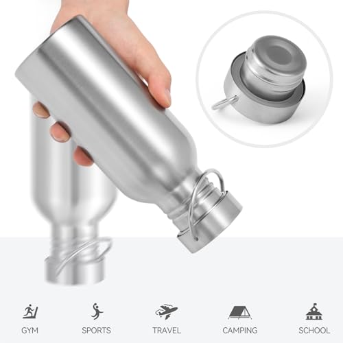 Volhoply 20oz Uninsulated Single Walled Water Bottle 4 Pack, Stainless Steel Reusable Water Bottles with Handle, BPA Free & Plastic Free 18/8 304 Metal Water Bottles for Camping, Hikers, Cyclists - size: 20 Ounces