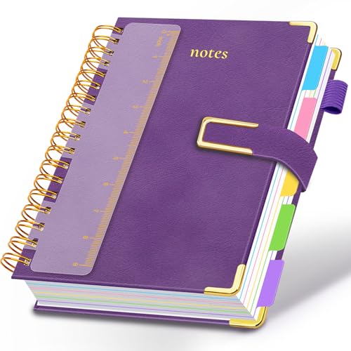 Hardcover Spiral Notebook College Ruled, 8"x10" Leather Journal Notebook with Magnetic Closure, 300 Pages 5 Subject Notebook with Dividers Tabs Journal for Women Men, Work, School(Purple) - color: Purple, size: B5-8"x10"