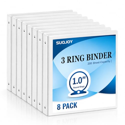 Durable 1 inch 3 Ring Binder White 8 Pack, PVC-Free Clear View Binder with 2 Interior Pockets, Holds 200 Sheets of 8.5" x 11" Paper for Teachers, Back to School,Home Office & Organization - color: White, size: 1 inch, style: 8pack