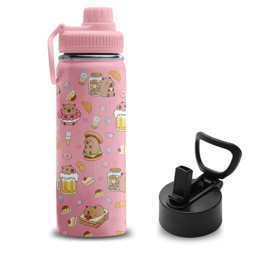 Capybara Gifts for Girls Capybara Lovers, 18 oz Stainless Steel Water Bottles with 2 Lids, Insulated Water Bottle with Straw, Cute Water Bottles for School Sports Outdoor Travel, Pink Cups Gifts - color: Capybara