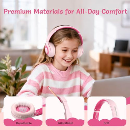 TONOSHARK Kids Bluetooth Headphones with ANC, Wireless Over-Ear Headset for Boys and Girls, Foldable & Adjustable, Ideal for School, Travel and Online Learning(Light Pink) - color: Pink