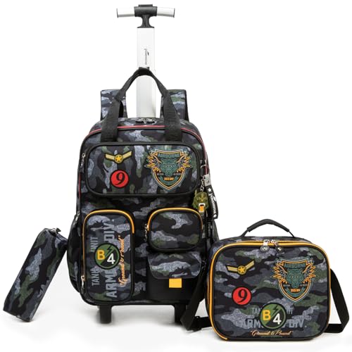 Kids Rolling Backpack for Boys Armband Luggage with Wheels Bookbag Multiple Compartment Pockets Wheeled Preschool Students Elementary Teenagers Lunch Box Pencil Case Black for Age 5-10 - color: Black-0201-bizhang
