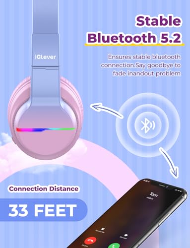 iClever BTH12 Kids Bluetooth Headphones,Colorful LED Lights,74/85dBA Safe Volume,85H Playtime,Fast Charging,Bluetooth 5.2,Over Ear Kids Headphones Wireles for iPad/Tablet/Airplane, Gradient Pink - color: Gradient Pink