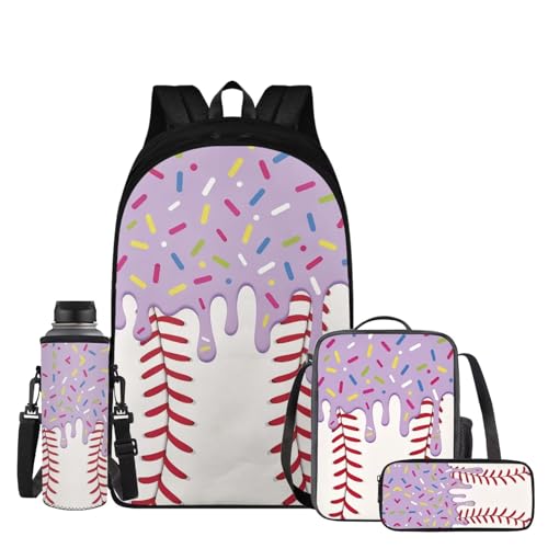 Purple Baseball Backpack for Boys Ice Cream Drip Kids Backpack Insulated Lunch Bag Pencil Case and Water Bottle Holder Elementary Fresh Daily Supplies 4 Piece Back to School Gifts - color: Purple