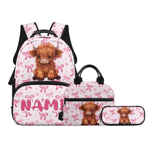Custom Name Kids Bookbag, Pink Ribbon Bow 3-in-1 Lunch Bag & Pencil Case Combo for Girls,Highland Cow Lightweight Student Backpack Set - color: Pink Bows-highland Cow Name