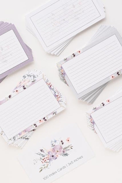 Floral Index Cards by Pure Print and Design | Floral Flash Cards Perfect For Study Sessions & Learning | 100 Cards of Premium Quality with 5 Different Designs | White, Purple and Gray | 3x5 inches - color: White, Purple and Gray