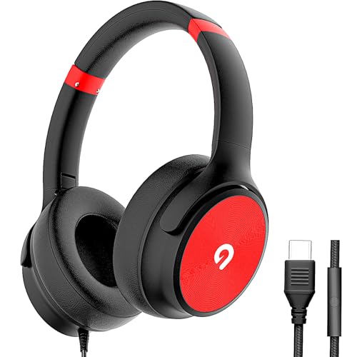 ADOOPE USB C Wired Over-Ear Headphones with Mic, Hi-Fi Stereo Sound, Noise-Isolating Ear Cups, Comfortable Fit for iPhone15/16, Samsung Galaxy S24/S23, Type-C Phones & Tablets (Black&Red) - color: Black