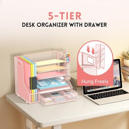 5-Tier Desk Organizer with File Holder & Pen Holder & Sliding Drawer, Pink | Mesh Metal Paper Letter Tray for Papers, Mail, Office Supplies, and Desk Accessories - color: Pink