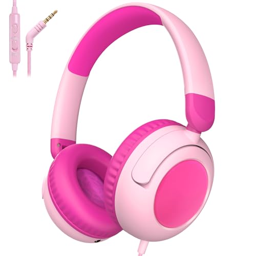 v8 Kids Headphones, 3.5mm Jack Wired Headphones for Kids with Safe Volume Limiter, HD Stereo Sound Over-Ear Girls Boys Toddler Headphone for Tablet, iPad, Kindle (Pink) - color: Pink