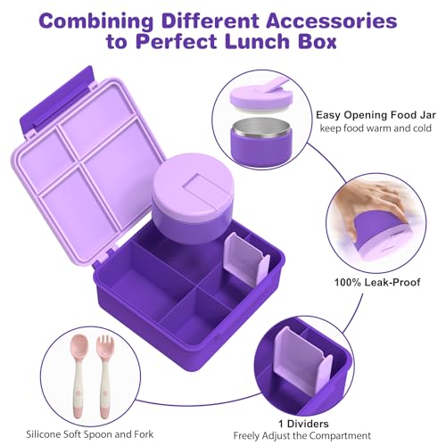 Kids Bento Lunch Box with 8oz Soup Thermo, Water Bottle, Kids Leakproof Lunch Food Containers with 4 Compartment, Insulated Hot Food Jar with Lunch Bag for School, Trvael (Purple) - color: Purple