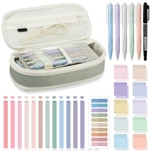 Jutom 39 Pcs Aesthetic Book Annotation Kit Highlighter with Case Bag Gel Pen Transparent Sticky Note Taking Bible Supplies(Green,Cute Style) - color: Green, style: Cute Style