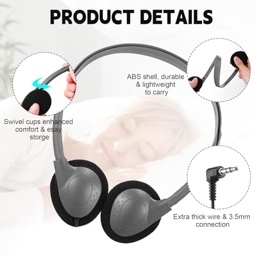 Konohan 30 Pack Headphones Bulk Headphone for School Classroom Student Wired Headphones Adjustable with 3.5 mm Jack for Adults (Grey) - color: Grey