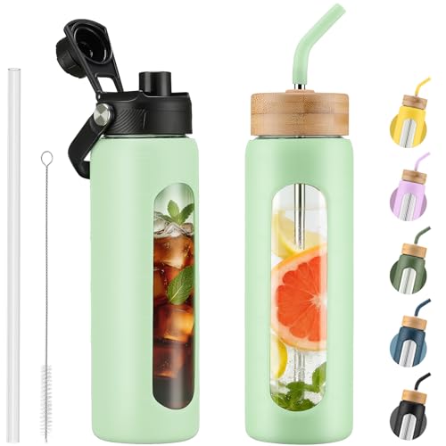 Kodrine 24 oz Glass Water Bottle with Straw & Spout Lids, Motivational Time Marker, Borosilicate Glass Bottle with Silicone Sleeve, Leakproof, Wide Mouth, BPA-Free for Gym, Fitness-Light Green - color: Light Green, size: 24 Ounces